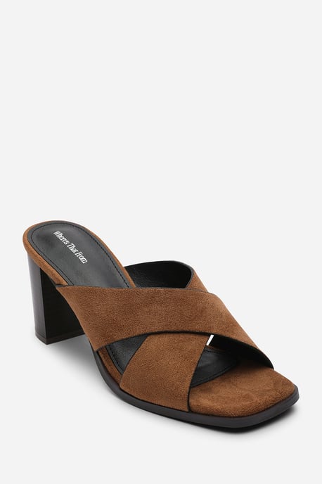 Where's That From Womens Livana Crossover Strap Block Heel Sandal in Cognac Suede - Image 3
