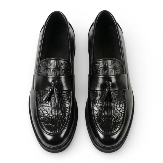 Mens Faux Leather Black Tassel Lug Sole Textured Loafers Shoes - Image 5
