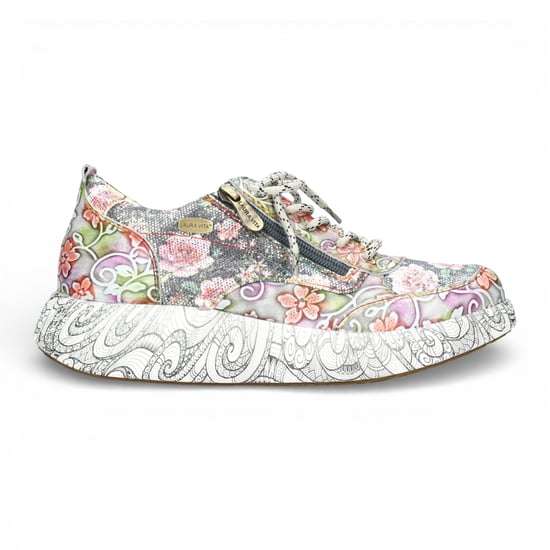 Laura Vita Nikito 62 dames sneakers met grijze bloemenprint van leer en platformzool. - Image 1