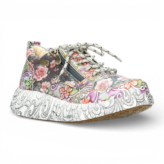 Laura Vita Nikito 62 dames sneakers met grijze bloemenprint van leer en platformzool. - Image 4