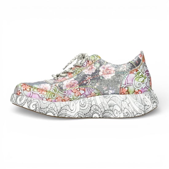 Laura Vita Nikito 62 dames sneakers met grijze bloemenprint van leer en platformzool. - Image 5
