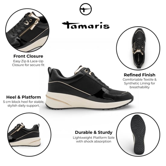 Tamaris dames hardloopschoenen met platformzool, zwart en goudkleurig, met ritssluiting en vetersluiting. - Image 2