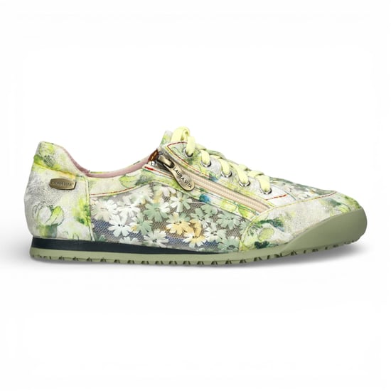 Laura Vita Tivanao-05 dames sneakers met bloemenprint en ritssluiting, geel leer. - Image 1