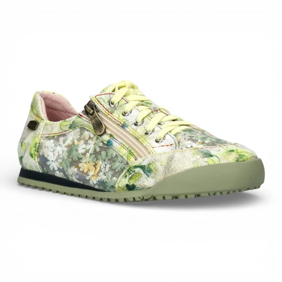 Laura Vita Tivanao-05 dames sneakers met bloemenprint en ritssluiting, geel leer. - Image 3