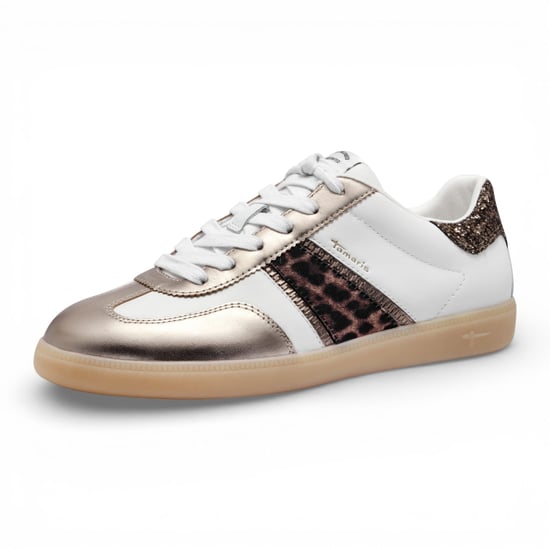 Tamaris dames sneakers van wit leer met luipaardprint - Image 3