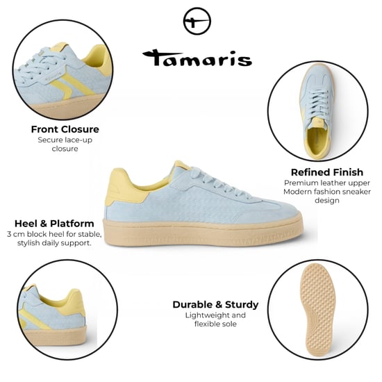 Tamaris dames sneakers van blauw leer met gele strepen - Image 2