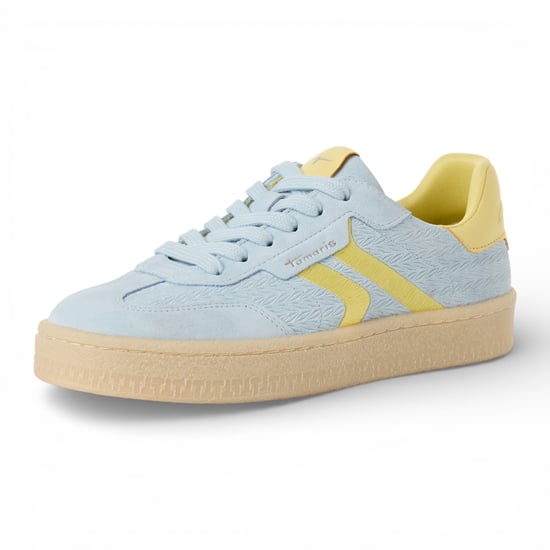 Tamaris dames sneakers van blauw leer met gele strepen - Image 3
