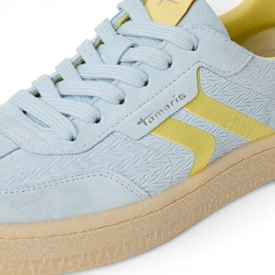 Tamaris dames sneakers van blauw leer met gele strepen - Image 5