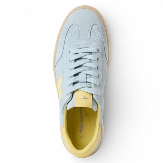 Tamaris dames sneakers van blauw leer met gele strepen - Image 6