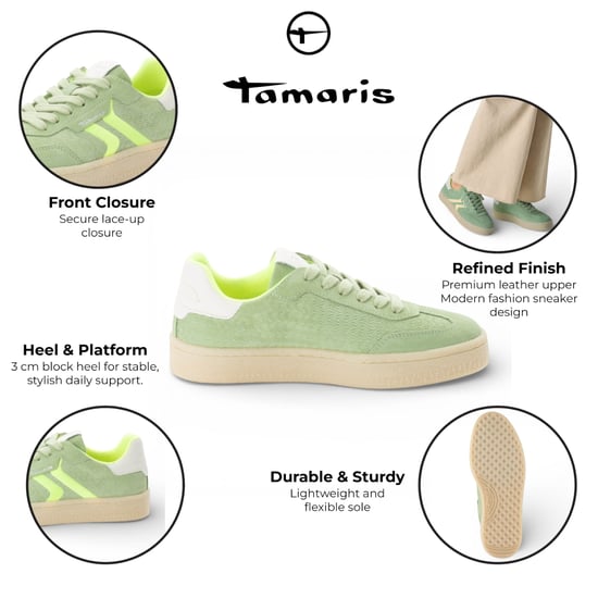 Tamaris dames sneakers van groen leer met neonstrepen - Image 2