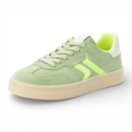 Tamaris dames sneakers van groen leer met neonstrepen - Image 3