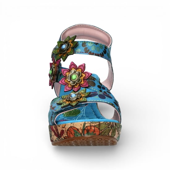 Laura Vita Nellao 33 damessandalen met sleehak, blauw met bloemenprint, van leer. - Image 4