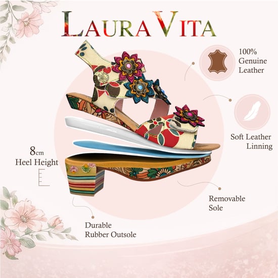 Laura Vita Marlene 12 damessandalen met bloemenprint, leren sleehak en sleehak, beige. - Image 2