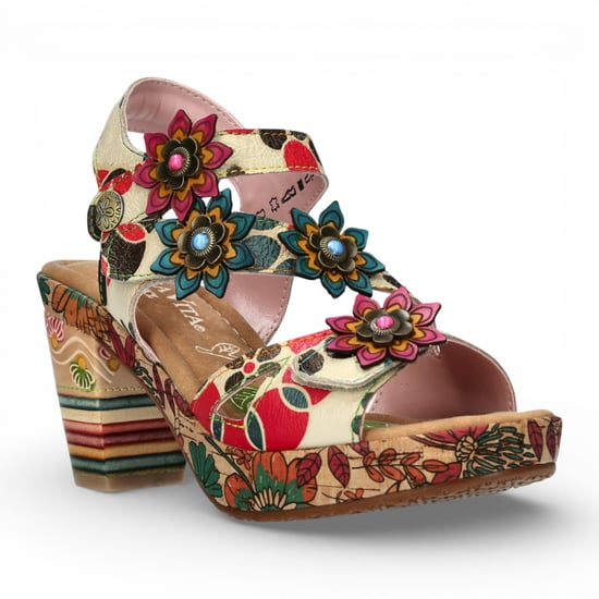 Laura Vita Marlene 12 damessandalen met bloemenprint, leren sleehak en sleehak, beige. - Image 3