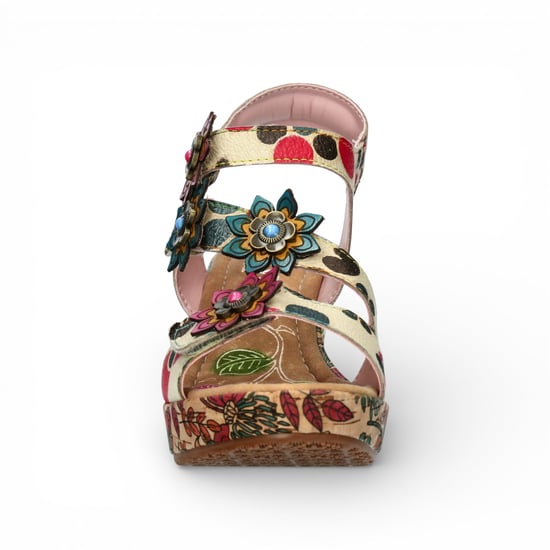 Laura Vita Marlene 12 damessandalen met bloemenprint, leren sleehak en sleehak, beige. - Image 4