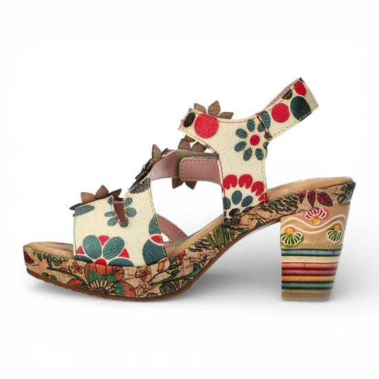 Laura Vita Marlene 12 damessandalen met bloemenprint, leren sleehak en sleehak, beige. - Image 5