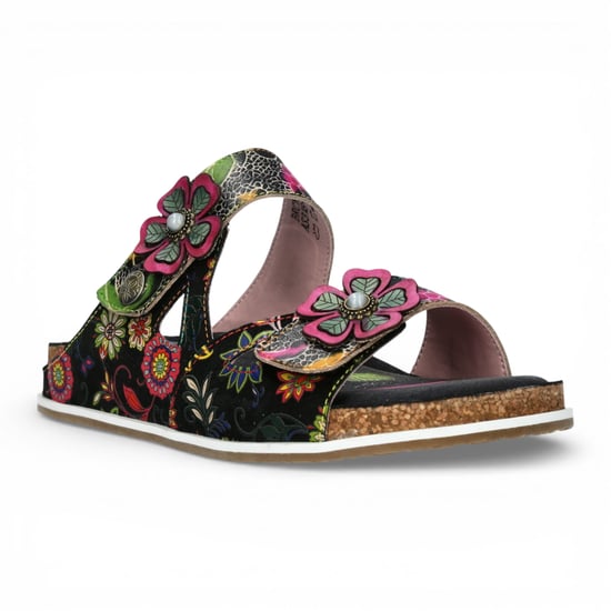 Laura Vita Dames Brcyano 32 Zwarte Leren Sandalen met Bloemenprint en Bandjes - Image 3