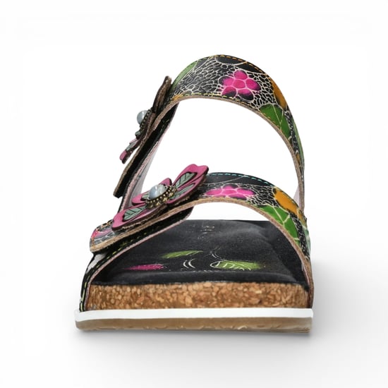 Laura Vita Dames Brcyano 32 Zwarte Leren Sandalen met Bloemenprint en Bandjes - Image 4