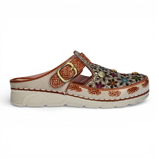 Laura Vita Dam Dorry 01 Blommiga Beige Läderkil Sandaler - Image 1