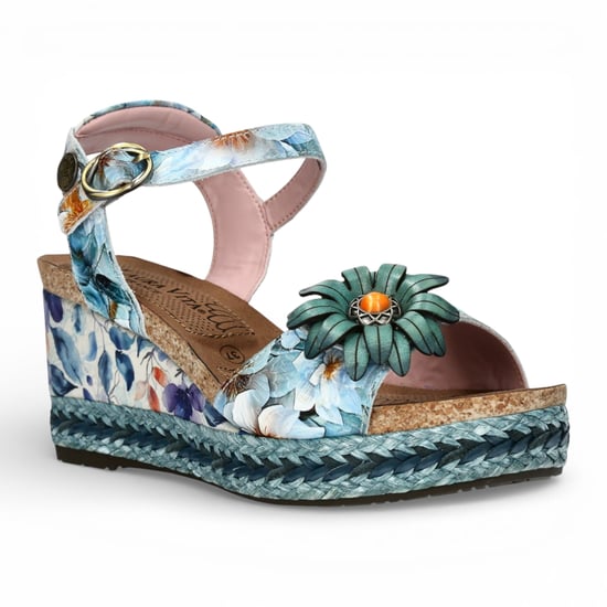 Laura Vita Facyo 75 damessandalen met sleehak, gemaakt van blauw leer met bloemenprint. - Image 3