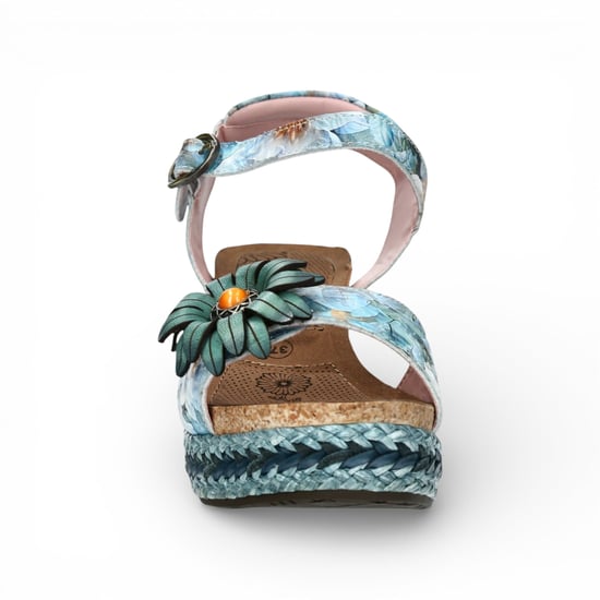 Laura Vita Facyo 75 damessandalen met sleehak, gemaakt van blauw leer met bloemenprint. - Image 4
