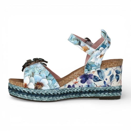 Laura Vita Facyo 75 damessandalen met sleehak, gemaakt van blauw leer met bloemenprint. - Image 5