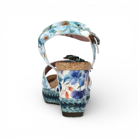 Laura Vita Facyo 75 damessandalen met sleehak, gemaakt van blauw leer met bloemenprint. - Image 6