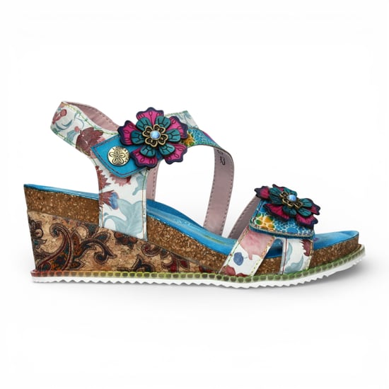 Laura Vita Bonito 32 damessandalen met sleehak, turquoiseblauw met bloemenprint, gemaakt van leer. - Image 1
