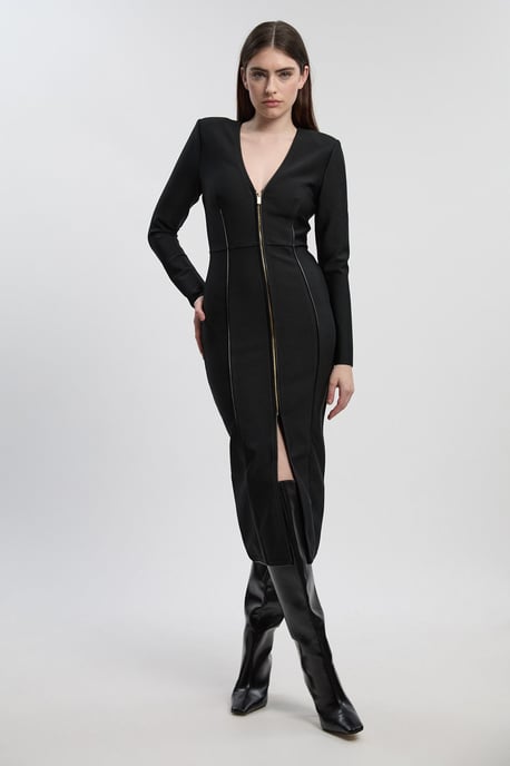 PU Tipped Detail Zip Through Bandage Knit Midi Dress - Image 2