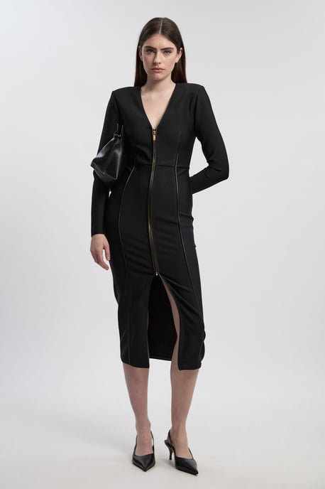 PU Tipped Detail Zip Through Bandage Knit Midi Dress - Image 3
