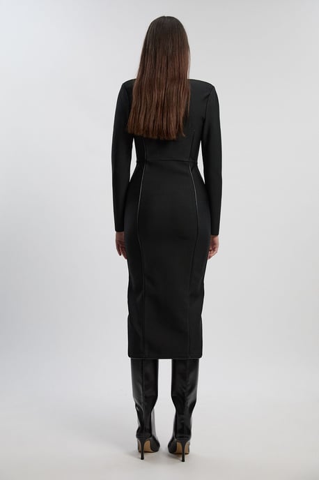 PU Tipped Detail Zip Through Bandage Knit Midi Dress - Image 5