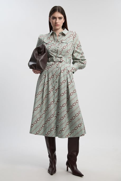 Petite Chain Print Cotton Sateen Belt Detail Woven Shirt Dress - Image 1