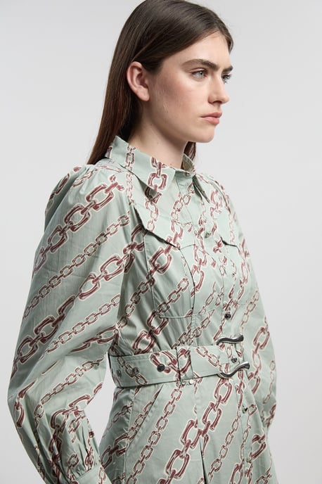 Petite Chain Print Cotton Sateen Belt Detail Woven Shirt Dress - Image 3