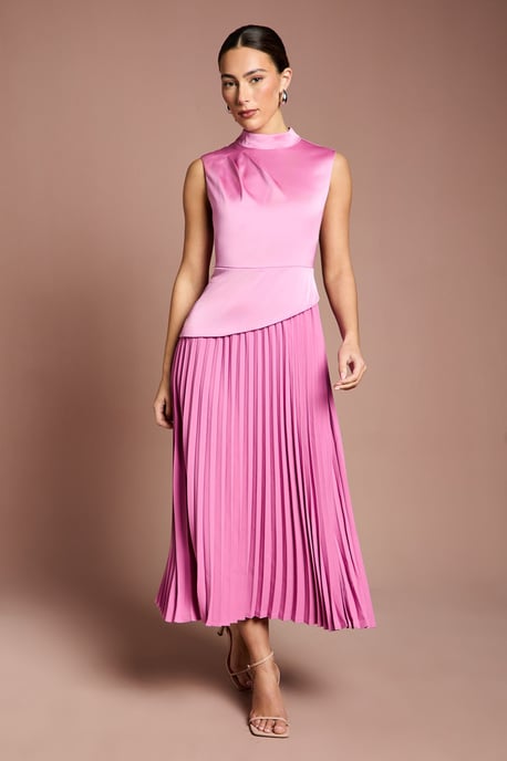 Drape High Neck Pleated Skirt Midi Dress - Image 1