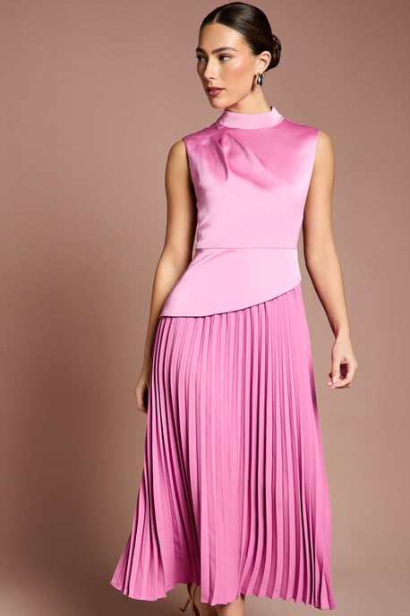 Drape High Neck Pleated Skirt Midi Dress - Image 2