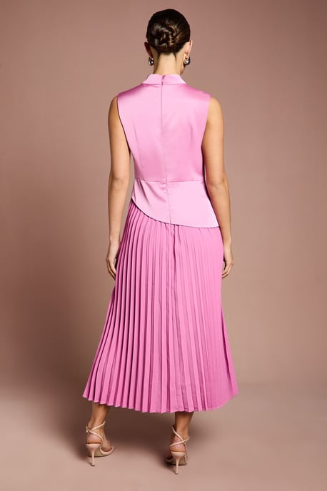 Drape High Neck Pleated Skirt Midi Dress - Image 3