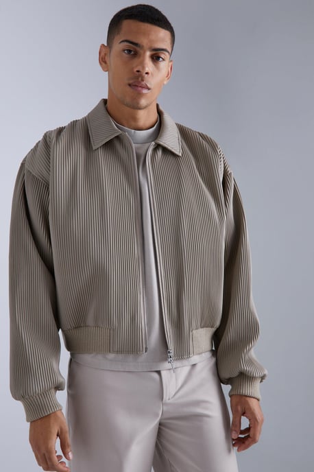 Boxy Pleated Faux Leather Harrington Jacket - Image 1