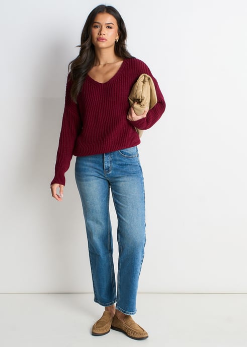 Burgundy Chunky Knit Oversized Jumper - Image 1