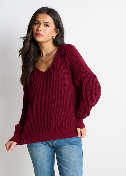 Burgundy Chunky Knit Oversized Jumper - Image 3