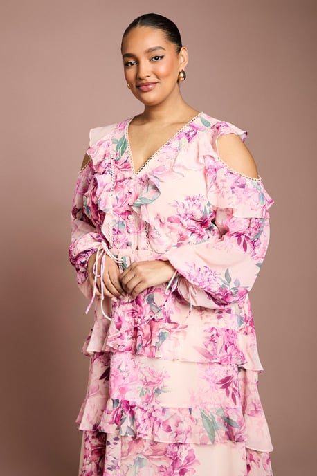 Plus Cold Shoulder Printed Ruffle Midi Dress - Image 2