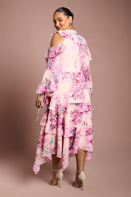 Plus Cold Shoulder Printed Ruffle Midi Dress - Image 3