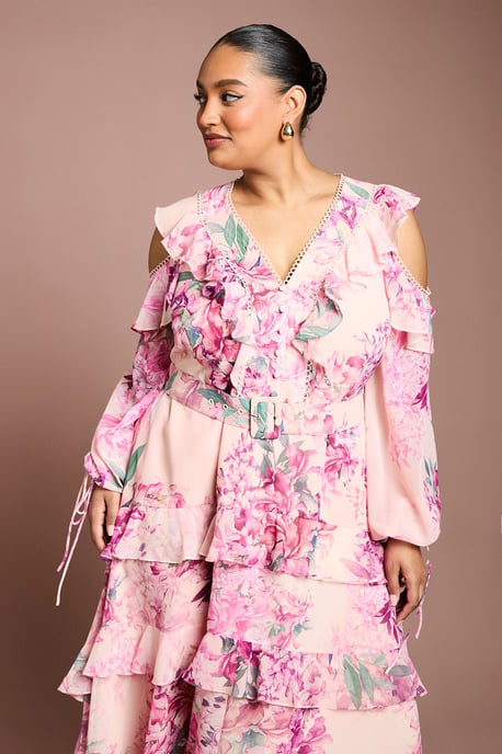 Plus Cold Shoulder Printed Ruffle Midi Dress - Image 4