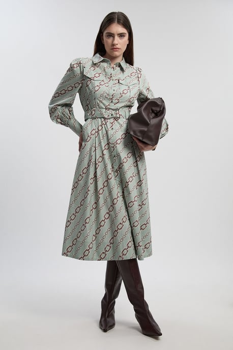 Chain Print Cotton Sateen Belt Detail Woven Shirt Dress - Image 1
