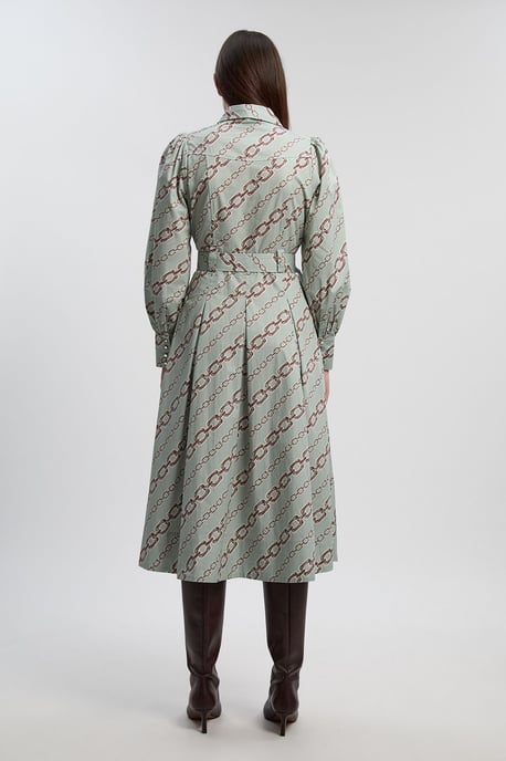 Chain Print Cotton Sateen Belt Detail Woven Shirt Dress - Image 4