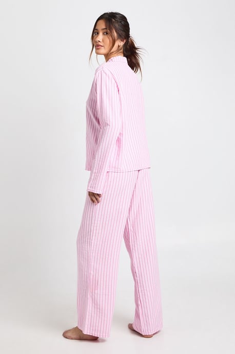 Striped Textured Long Sleeve Shirt & Trouser Pyjama 3 Piece Set - Image 2