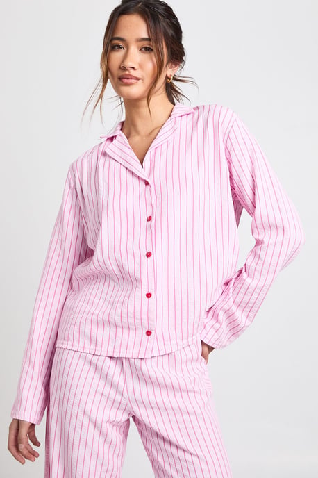 Striped Textured Long Sleeve Shirt & Trouser Pyjama 3 Piece Set - Image 3