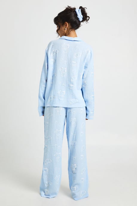 Breakfast Print Textured Long Sleeve Shirt & Trouser Pyjama 3 Piece Set - Image 2