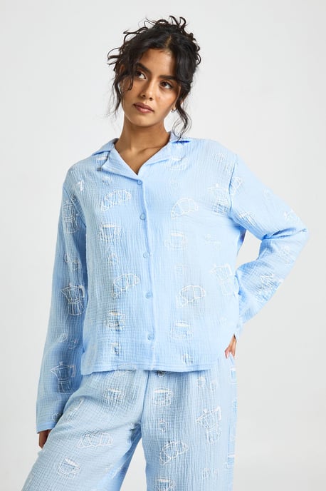 Breakfast Print Textured Long Sleeve Shirt & Trouser Pyjama 3 Piece Set - Image 3