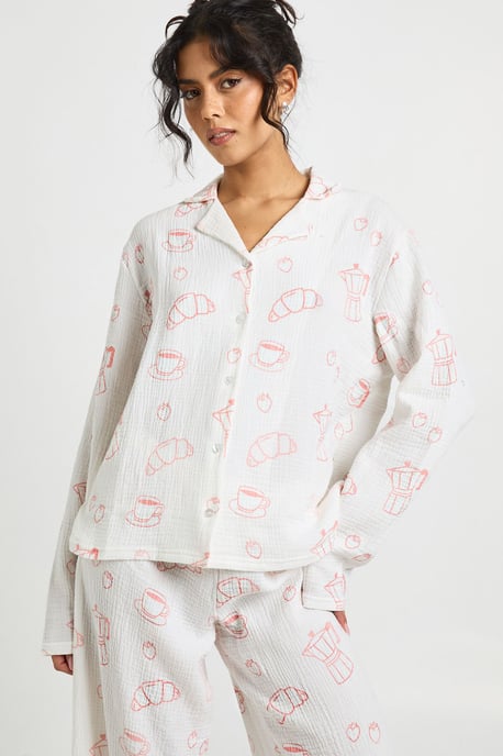 Breakfast Print Textured Long Sleeve Shirt & Trouser Pyjama 3 Piece Set - Image 3