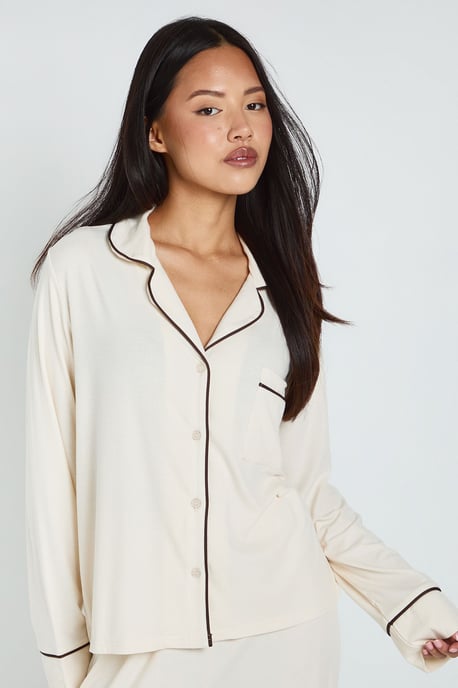 Petite Soft Rib Long Sleeve Shirt & Trouser PJ Set - Image 3